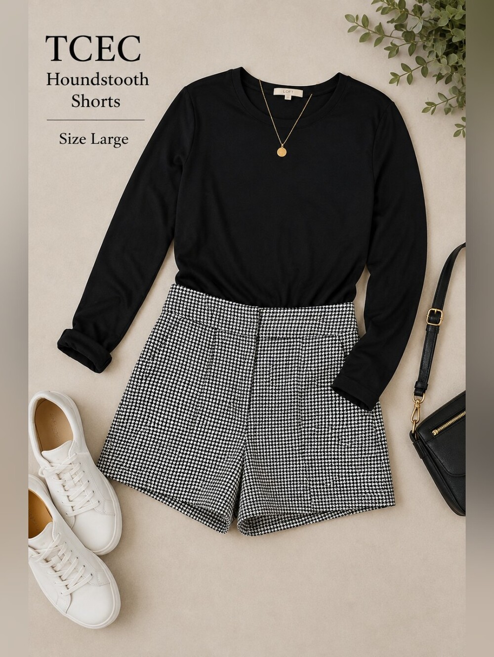 TCEC Houndstooth Shorts Black & White High Rise Tailored Size Large
